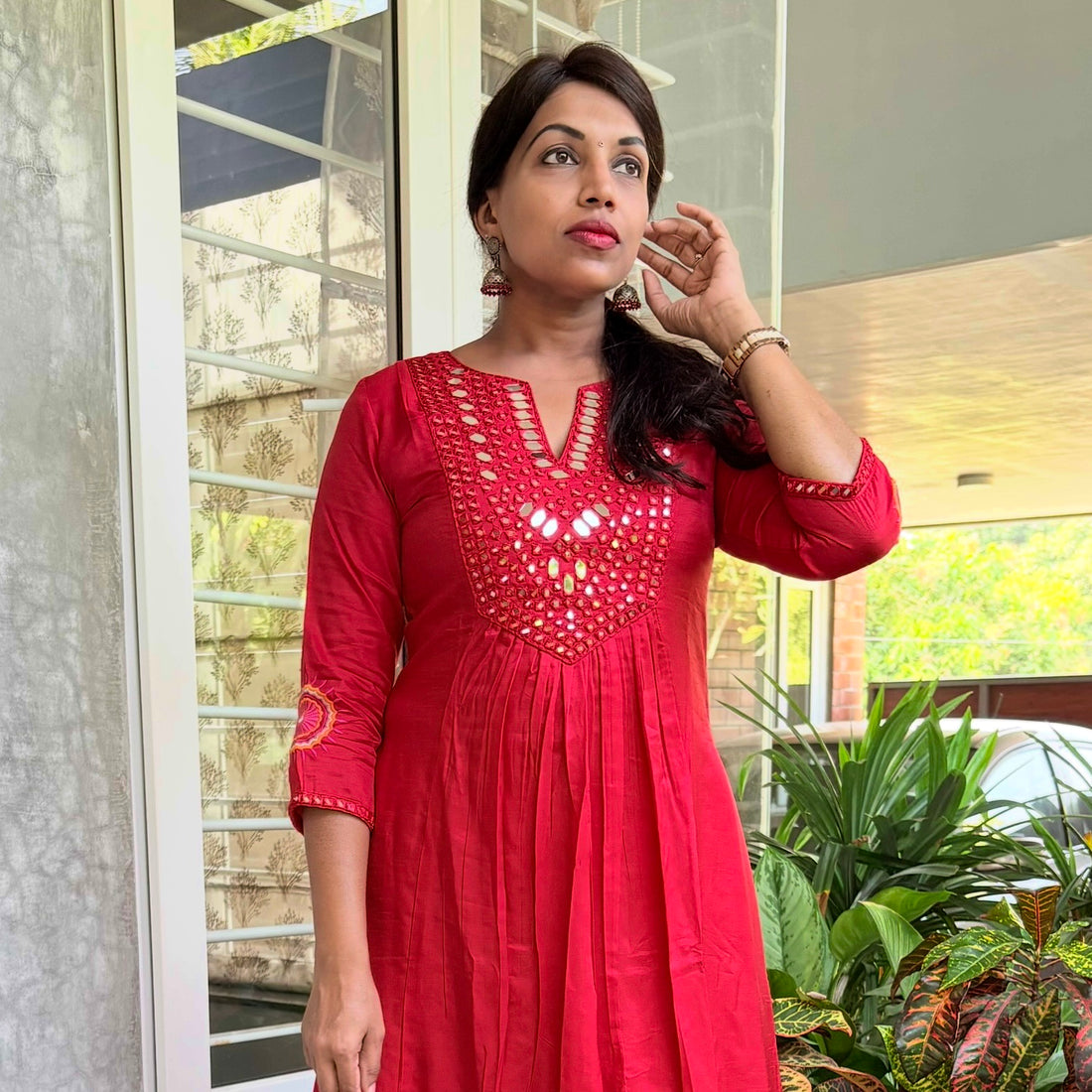 Mirror Work Mul Chanderi Kurta set - Red