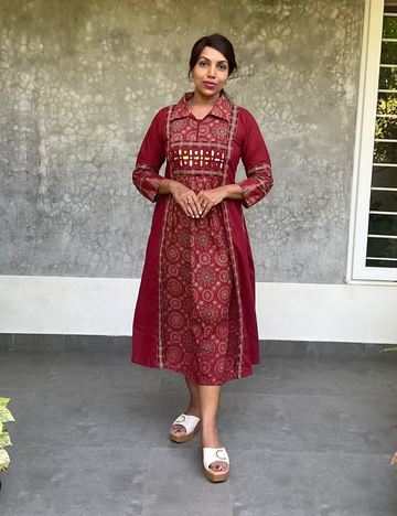 Ajrakh Printed Cotton Midi Style Dress with Collar Neck -Maroon Red