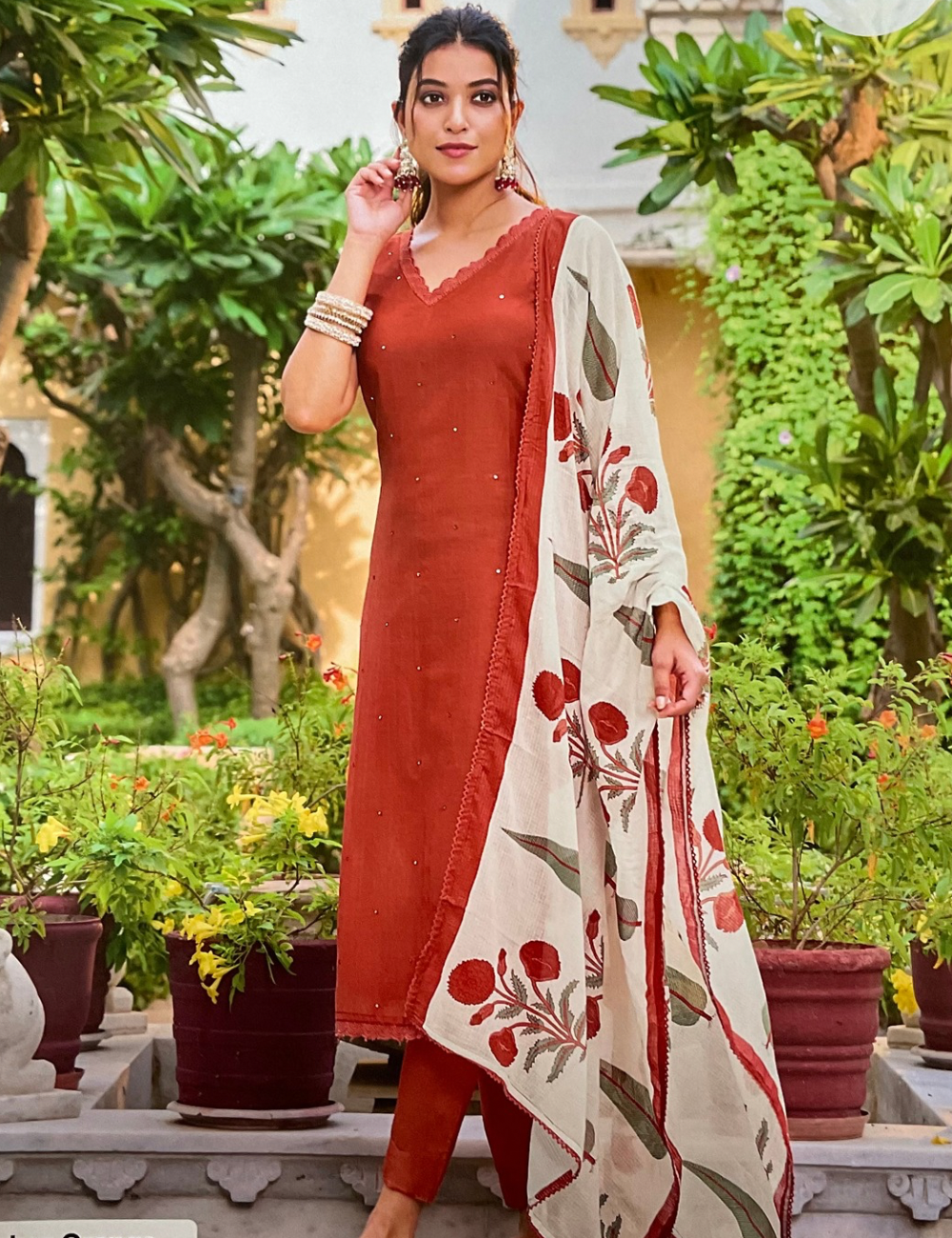 Mul Coton Designer Unstitched salwar with Floral Printed Kota Dupatta - Rust Orange