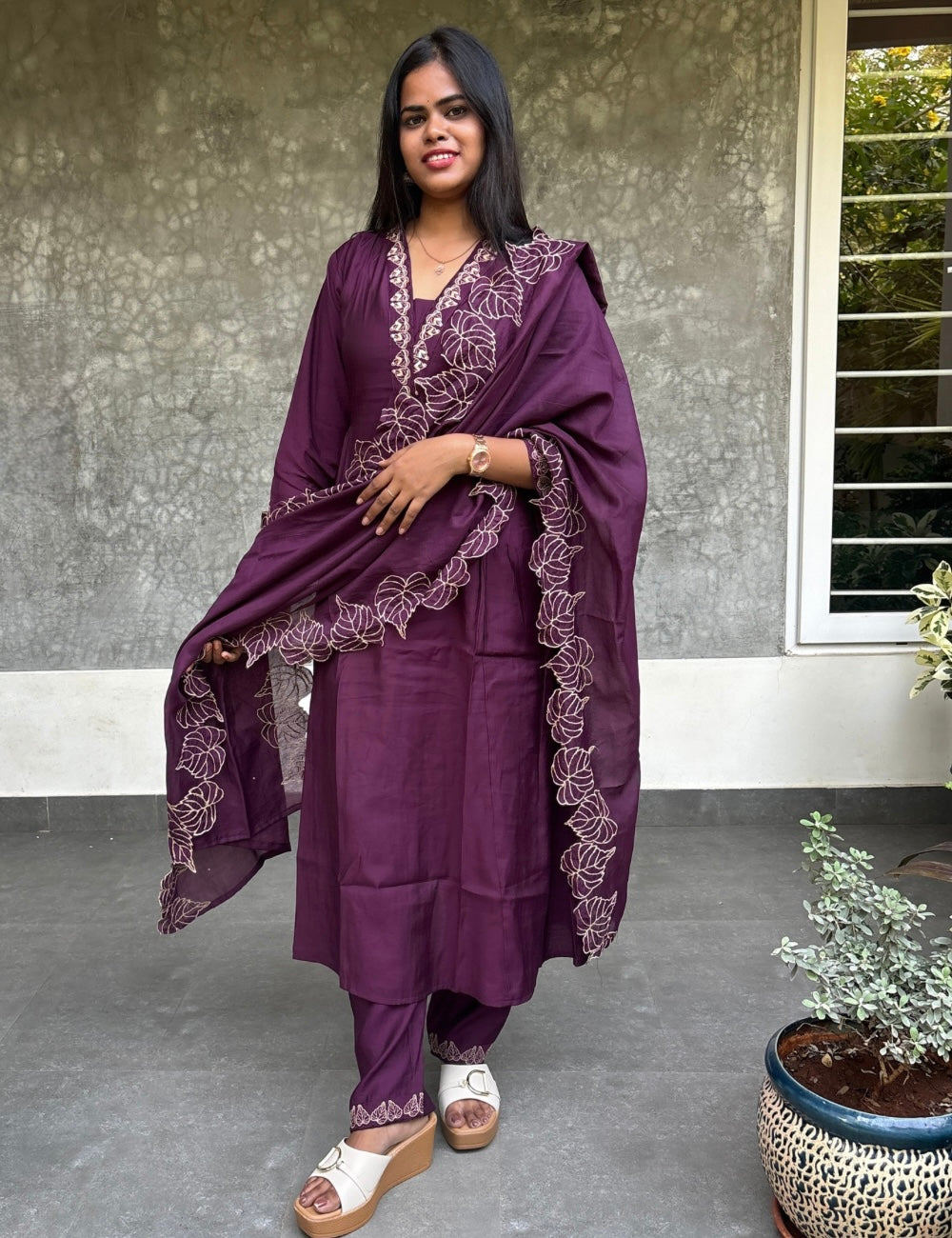 Muslin Silk Aline Designer Kurta Set with Cutwork Dupatta - Wine Purple