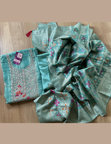 Dori Worked Tissue Silk Unstitched Salwar - Aqua Blue