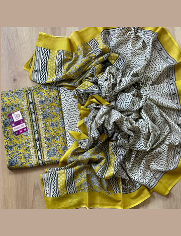 Floral Printed Fine Cotton Unstitched Salwar - Yellow