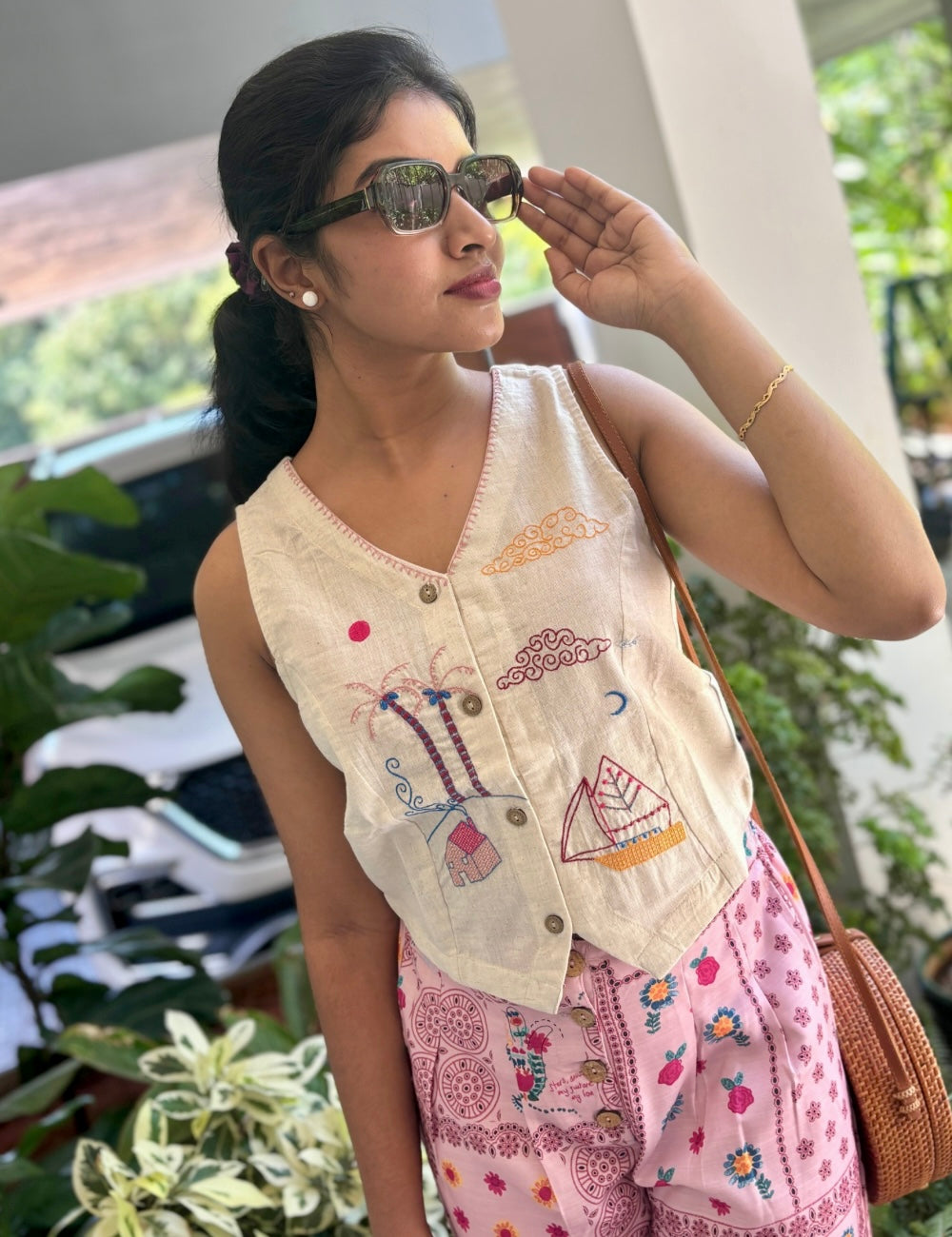 Floral Printed Cotton Co-Ord Set with Waist Coat Style Crop Top - Off White