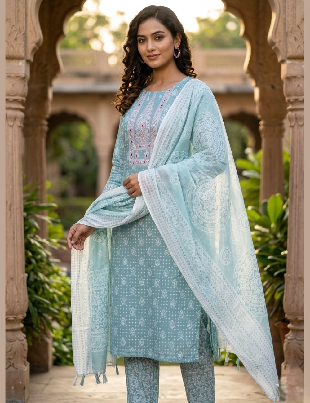 Hand Block Printed Cotton Unstitched Salwar - Pastel Green