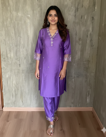 Slub Rayon Designer Embellished Coord Set - Purple