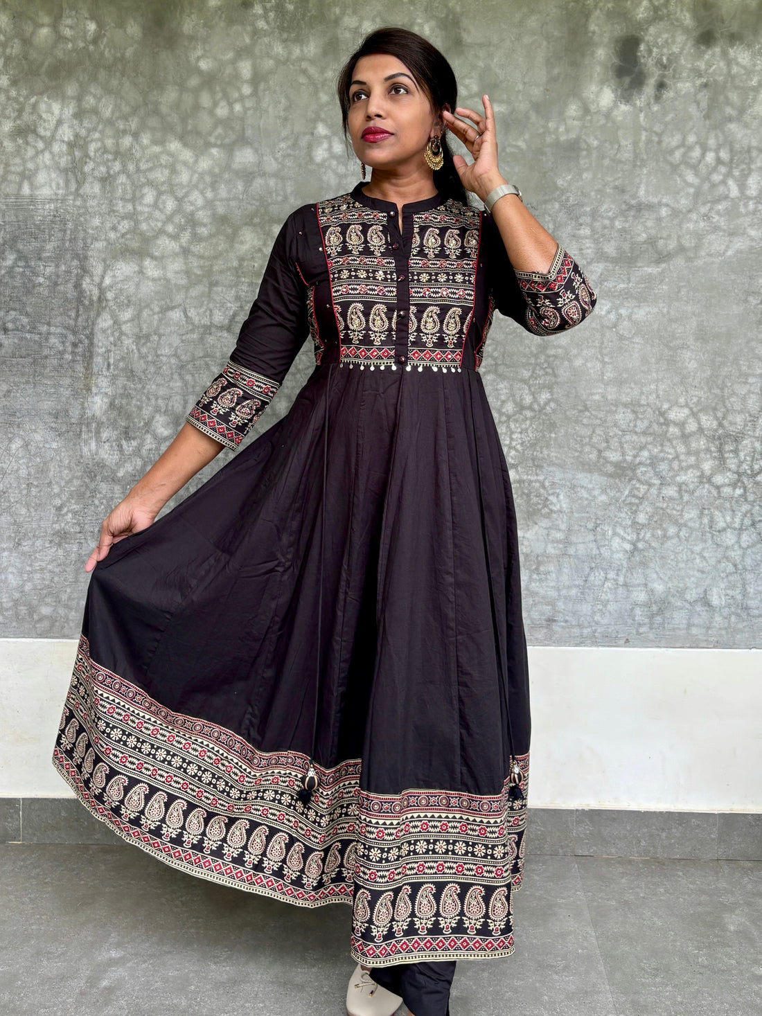 Ajrakh Patch Worked Cotton Anarkali Kurta Set - Black