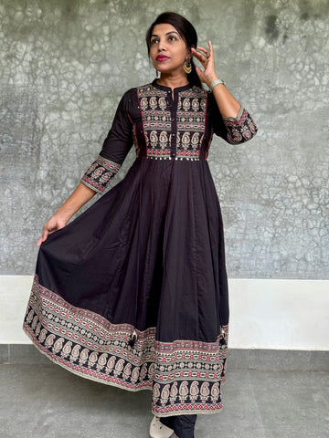 Ajrakh Patch Worked Cotton Anarkali Kurta Set - Black