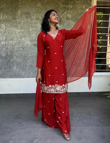 Chinon Silk Pearl Worked Designer Kurta Set with Embellished Palazzo Bottom - Rust Orange