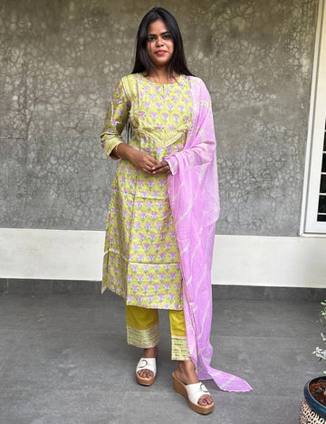 Gota Worked Muslin Silk Designer Kurta Set with Kota Dupatta - Light Green