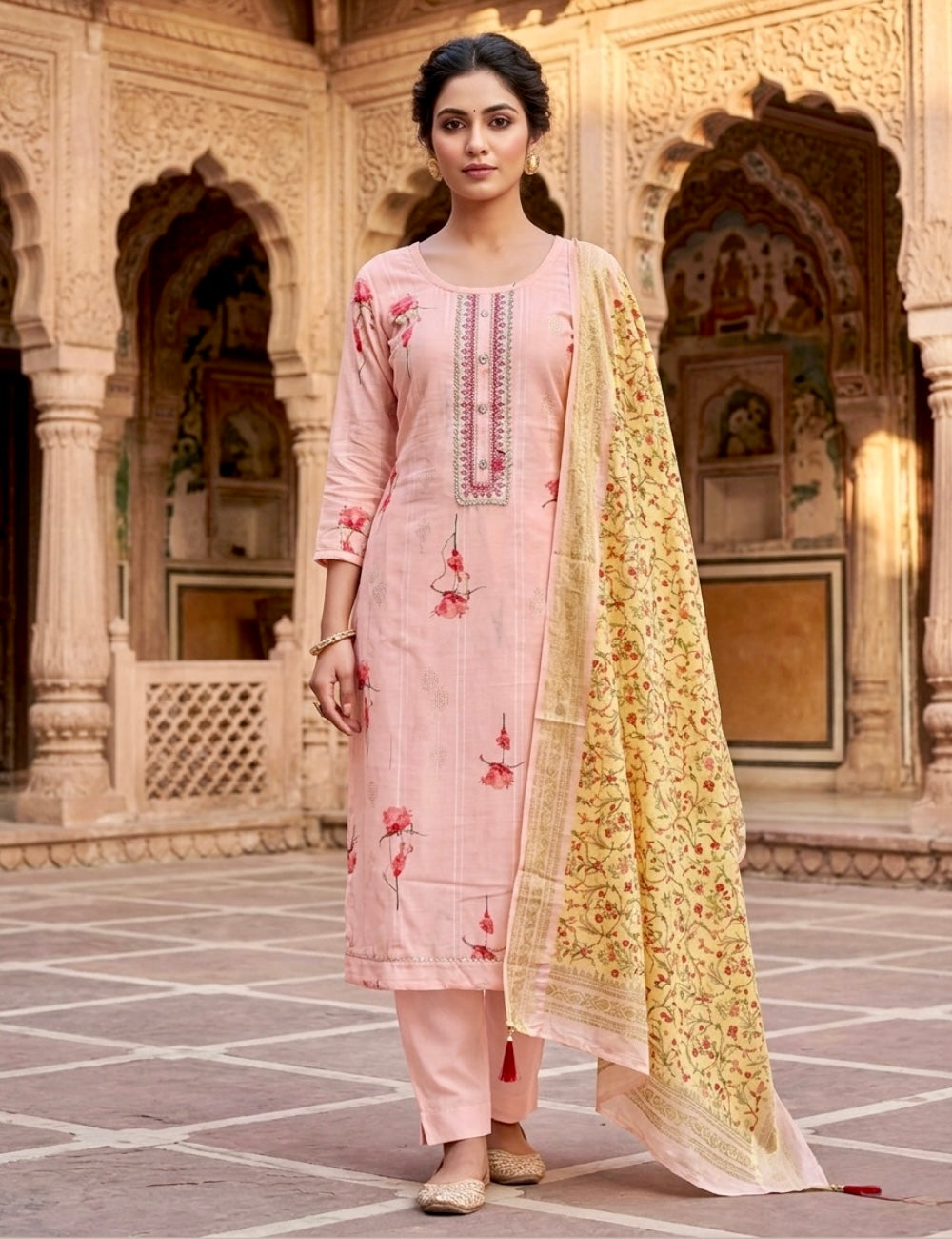 Muslin Silk Designer Unstitched Salwar - Peach
