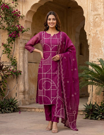 Linen Chanderi Geometric Embroidered Designer Kurta Set - Magenta