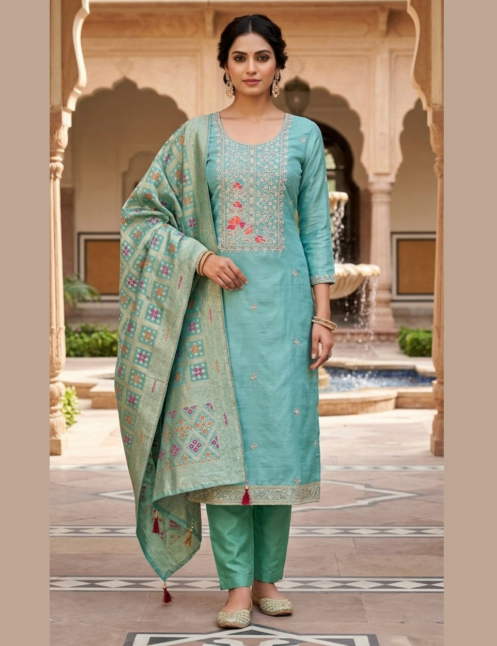 Dori Worked Tissue Silk Unstitched Salwar - Aqua Blue