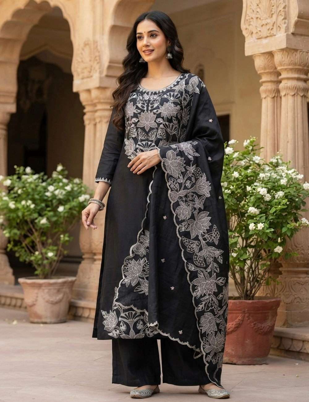 Floral Embroidered Soft Cotton Silk Unstitched Salwar - Black