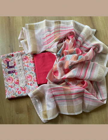 Floral Printed Linen Cotton Unstitched Salwar - Dusty Pink