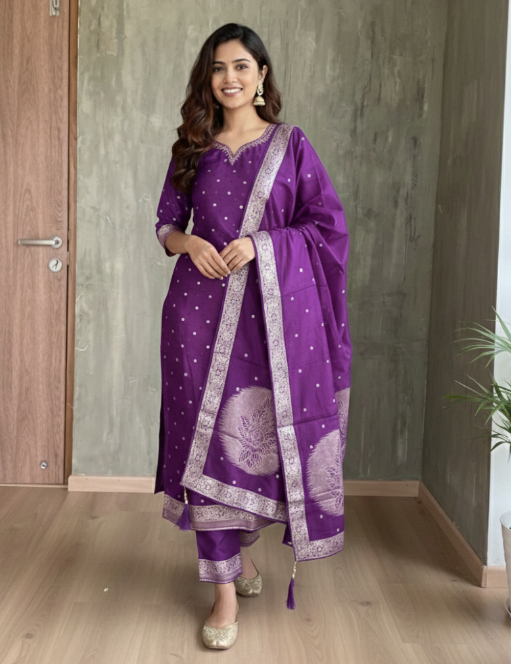 Dola Silk Ethnic Designer Unstitched Salwar - Dark Purple