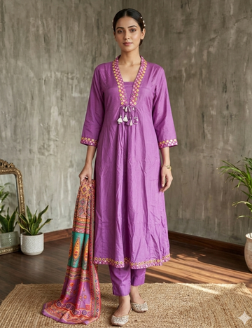 Muslin Silk Mirror Worked Designer Kurta Set - Purple