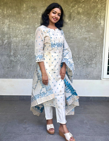 Jamdhani Cotton Straight Cut Designer Kurta Set - White