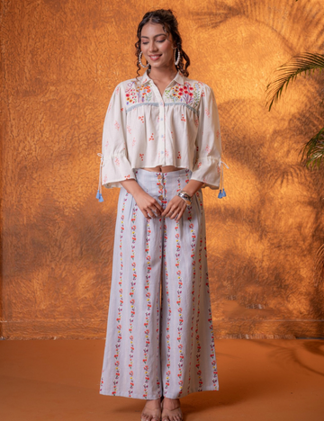 Floral Printed Co-Ord Set with Palazzo Pants - Off White