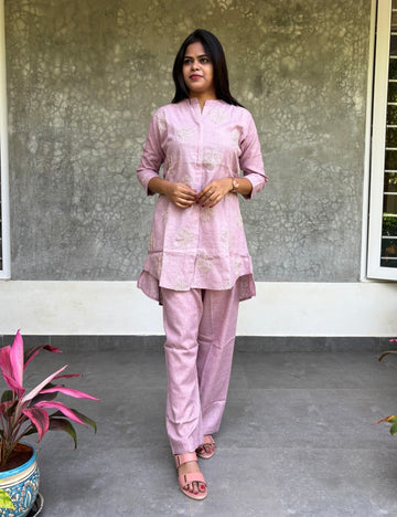 Leafy Thread Worked Trendy Cotton Co-Ord Set - Lavender