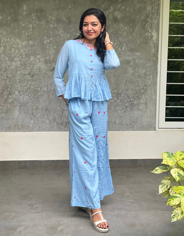 Floral Embroidered Mul Cotton Coord Set - Light Blue