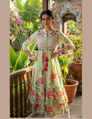 Floral Printed Layered Designer Maxi Dress - Pastel Green