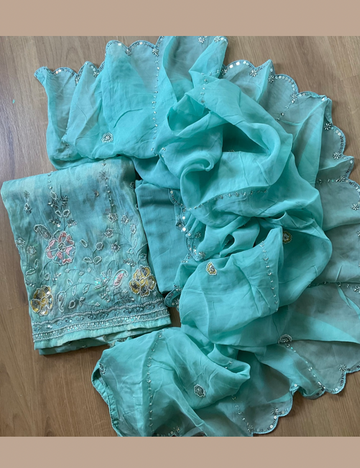 Shimmer Silk Embellished Designer Unstitched Salwar - Pastel Green