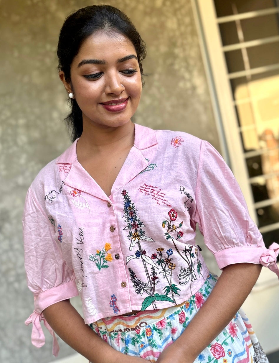 Floral Printed Mul Cotton Skirt with Embroidered Crop Top - Pink