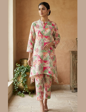 Rayon Cotton Abstract Printed Kurta Set with Fish Bone Cut - Multi