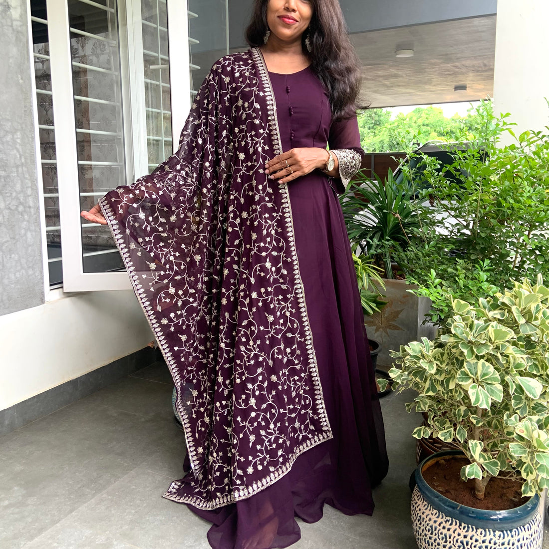 Semi Georgette Anarkali Designer Kurta Set - Wine Purple