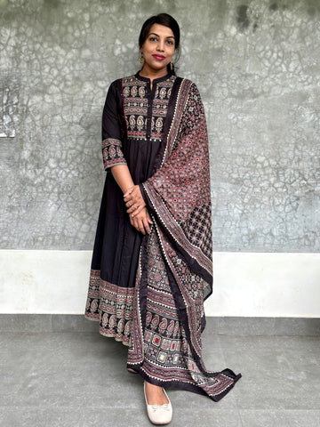 Ajrakh Patch Worked Cotton Anarkali Kurta Set - Black