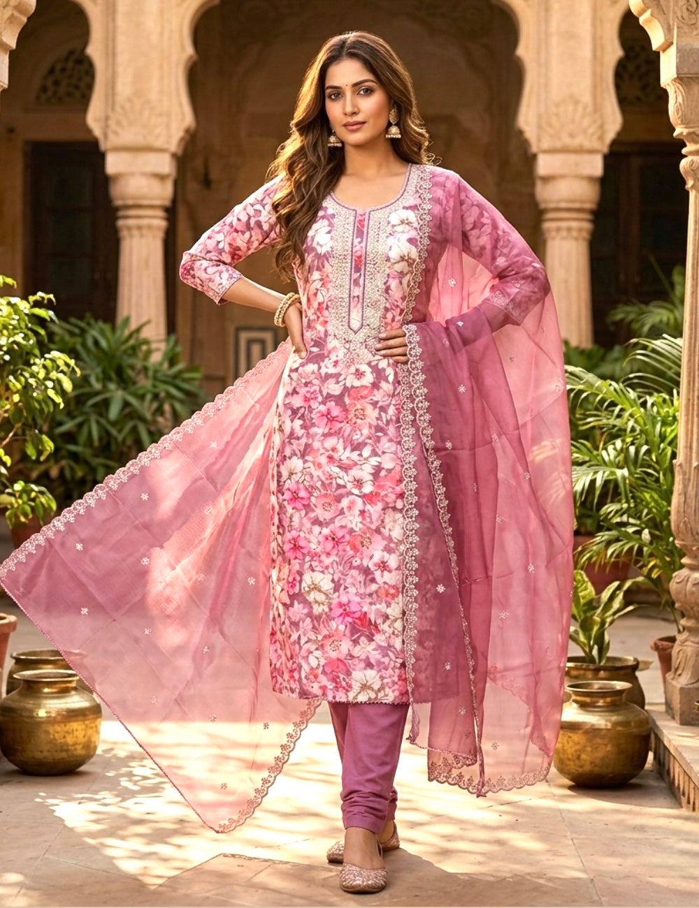 Linen Cotton Floral Printed Designer Unstitched Salwar - Pink