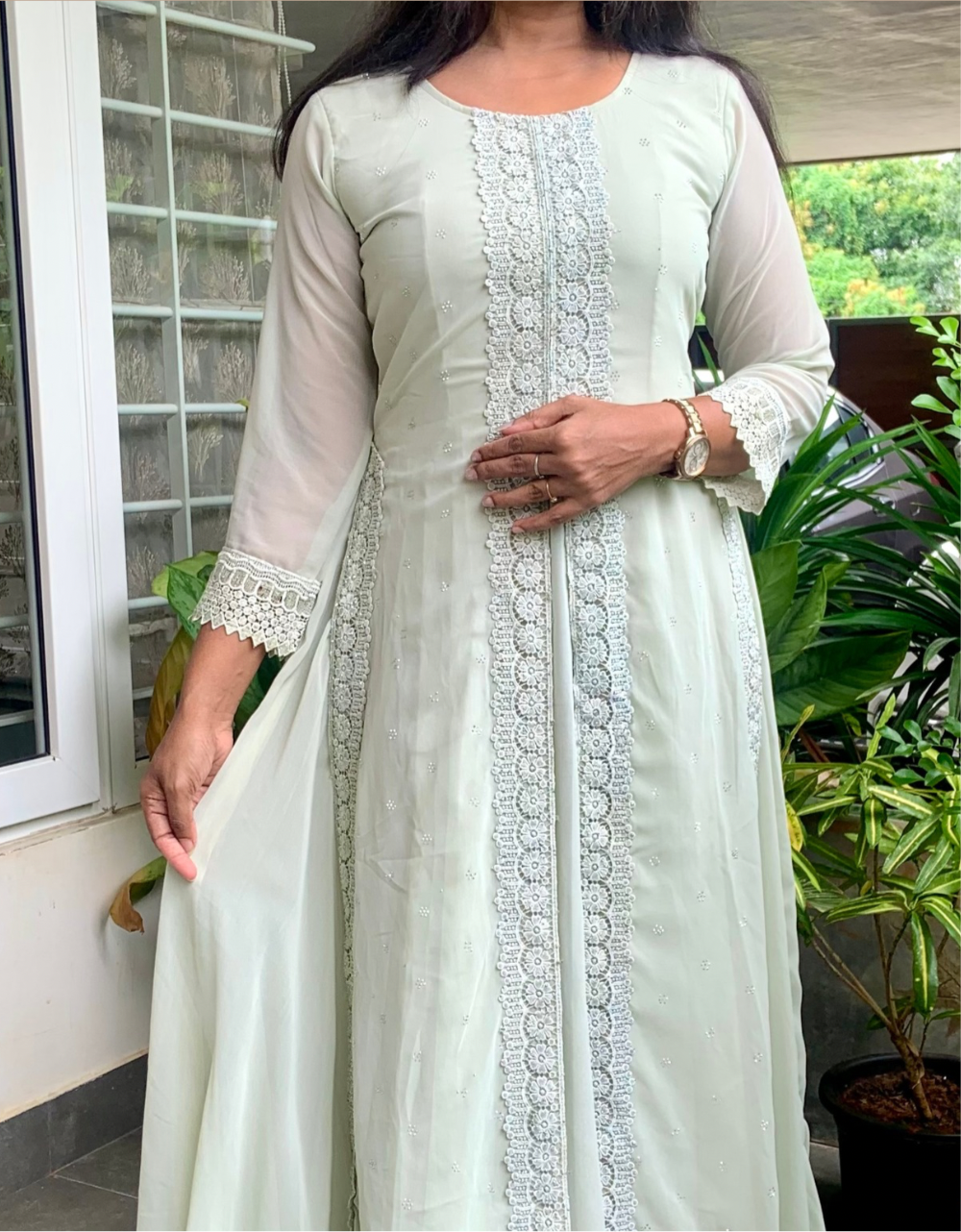 Chiffon Full Flaired Layered Designer Maxi - Pastel Green