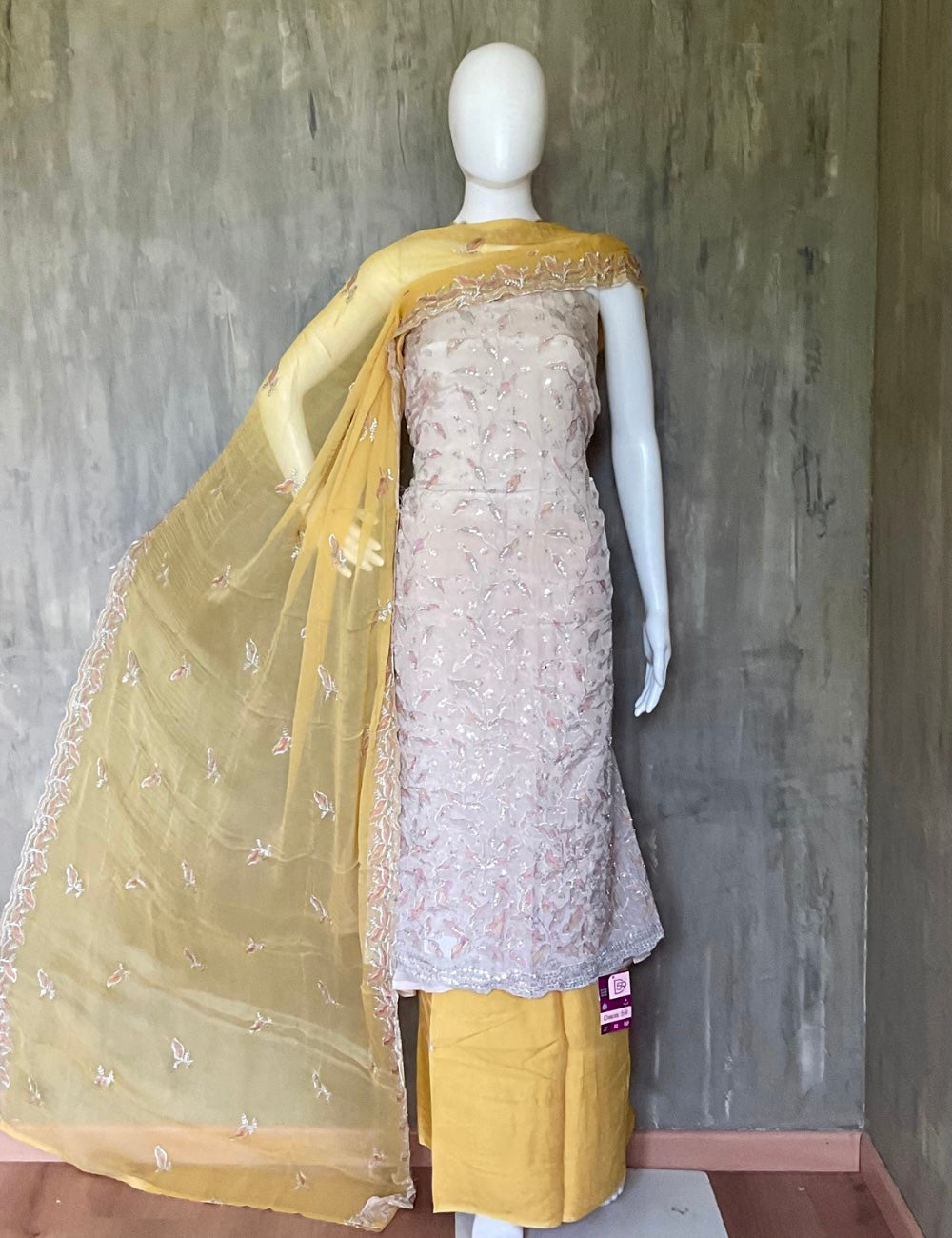 Muslin Silk Embellished Designer Unstitched Salwar - Beige with Yellow Combo