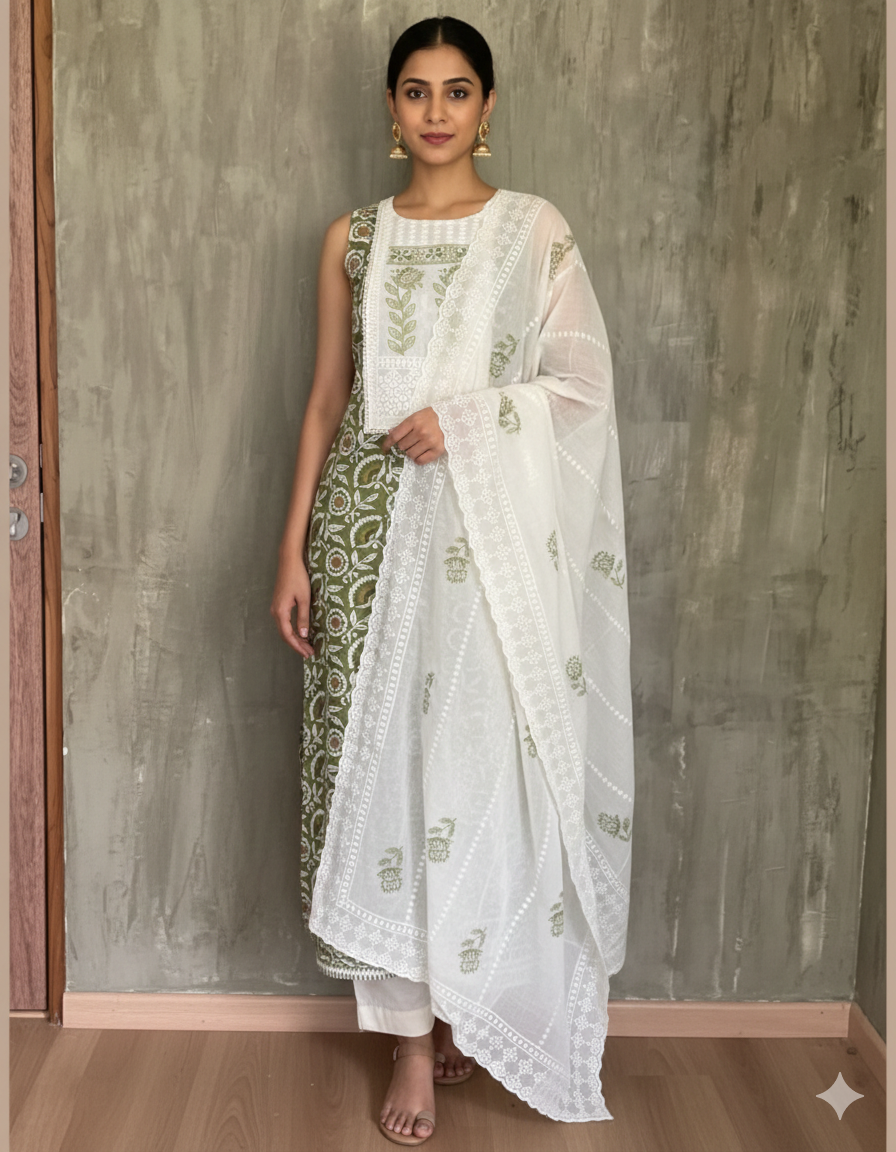 Hand Block Printed Cotton Unstitched Salwar - Green