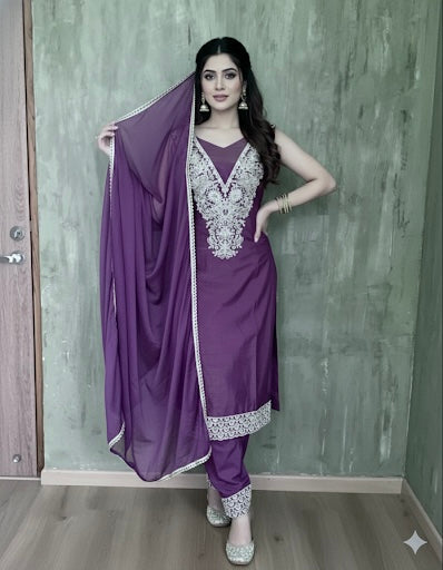Soft Shimmer Tissue Silk Designer Unstitched Salwar - Wine Purple