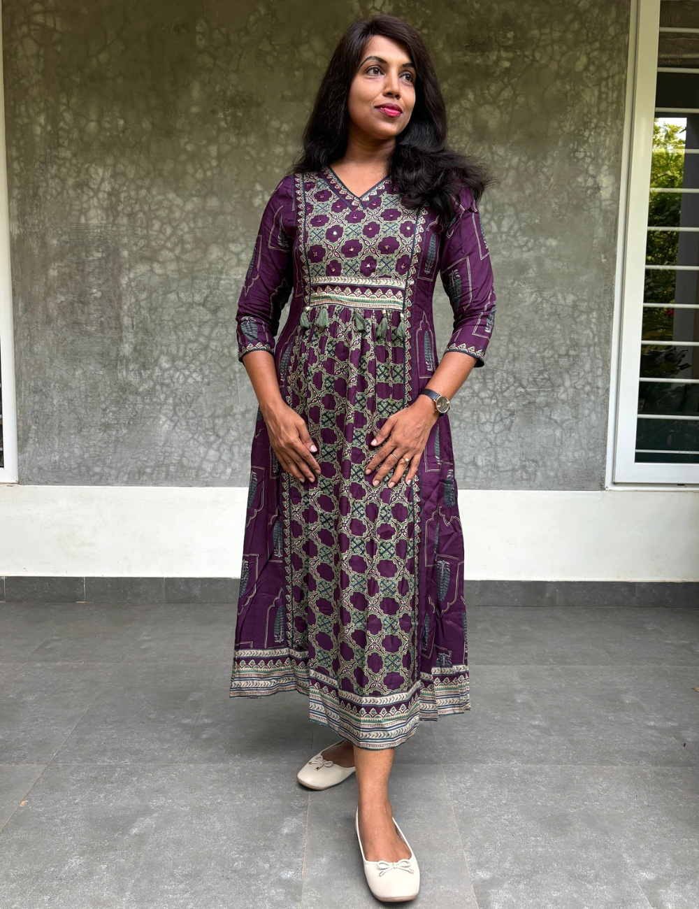 Muslin Silk Ethnic Printed Midi Style Dress - Purple