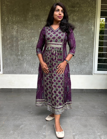 Muslin Silk Ethnic Printed Midi Style Dress - Purple