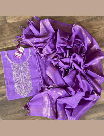 Cotton Traditional Ethnic Unstitched Salwar with Gold Zari Dupatta - Purple