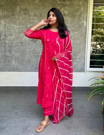 Gota Worked Cotton Aline Kurta Set with Kota Dupatta - Red