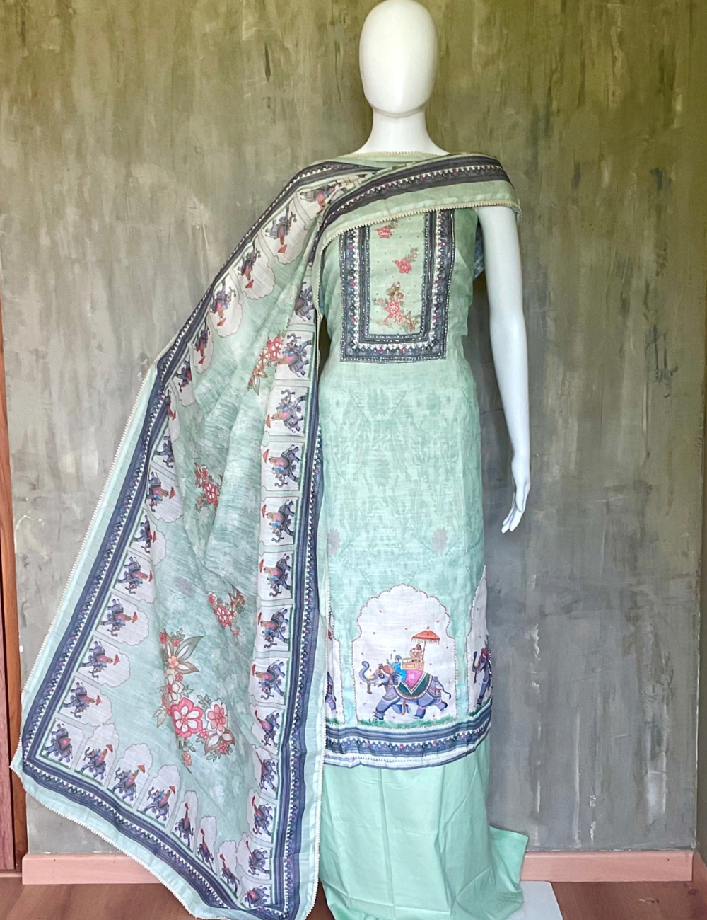 Linen Cotton Ethnic Printed Designer Unstitched Salwar - Mint Green