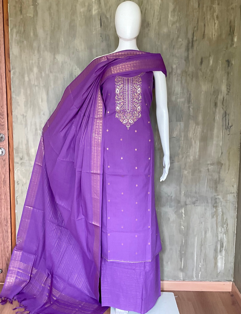 Cotton Traditional Ethnic Unstitched Salwar with Gold Zari Dupatta - Purple