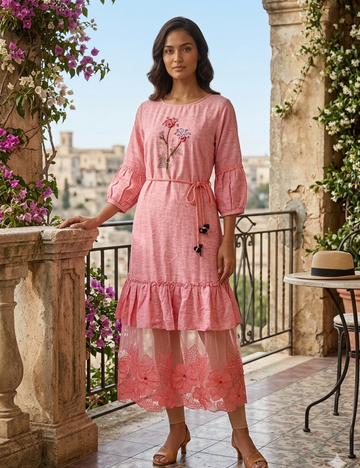 Soft Cotton Designer Lace Maxi Dress - Pink