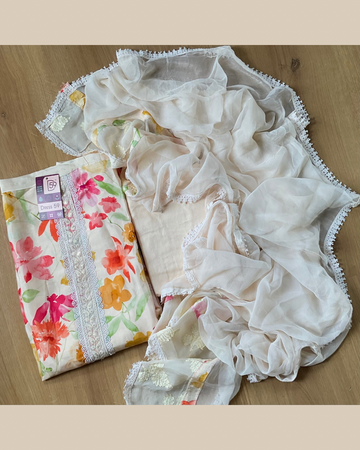 Floral Muslin Silk Designer Unstitched Salwar - Off White