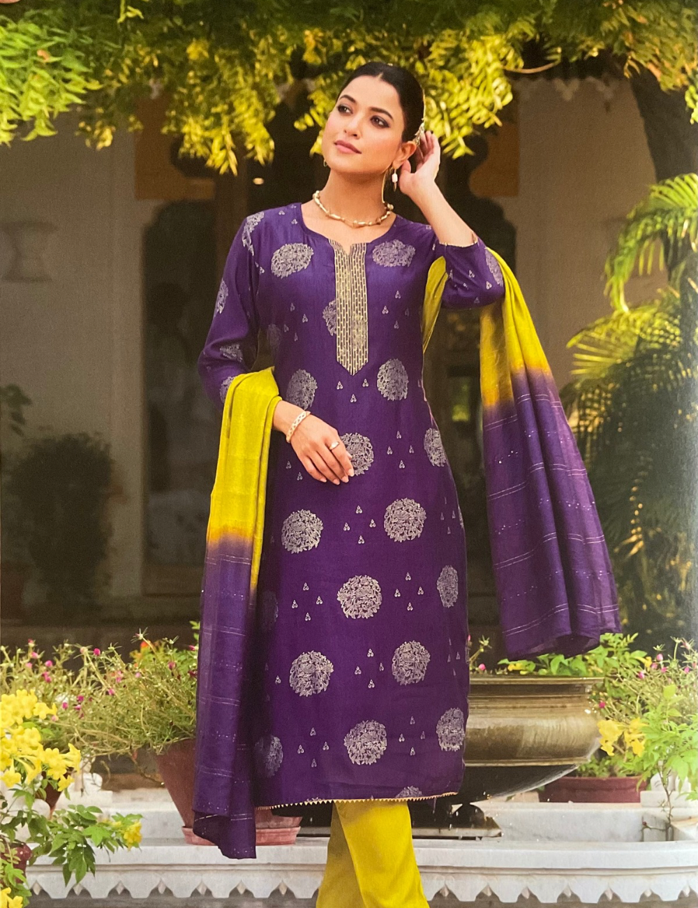 Dola Silk Designer Unstitched Salwar with Ethnic Prints - Violet