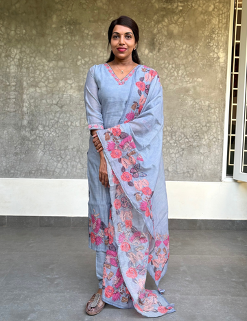 Chanderi Silk Floral Printed Designer Kurta Set with Kantha Work - Powder Blue