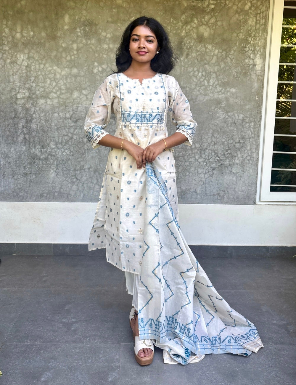 Jamdhani Cotton Straight Cut Designer Kurta Set - White