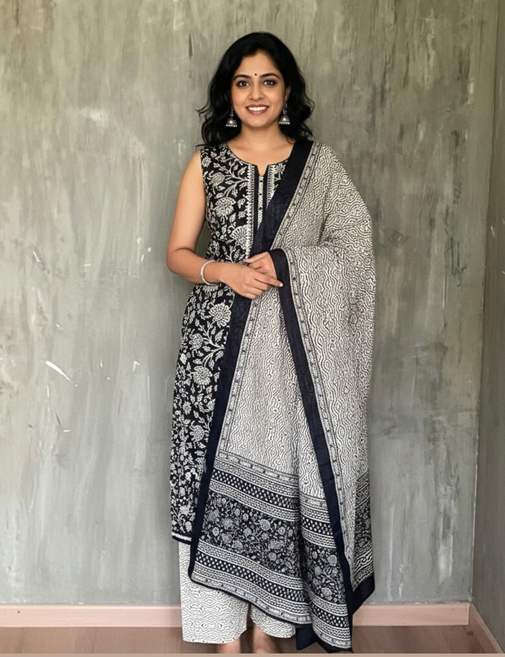 Floral Printed Fine Cotton Unstitched Salwar - Black