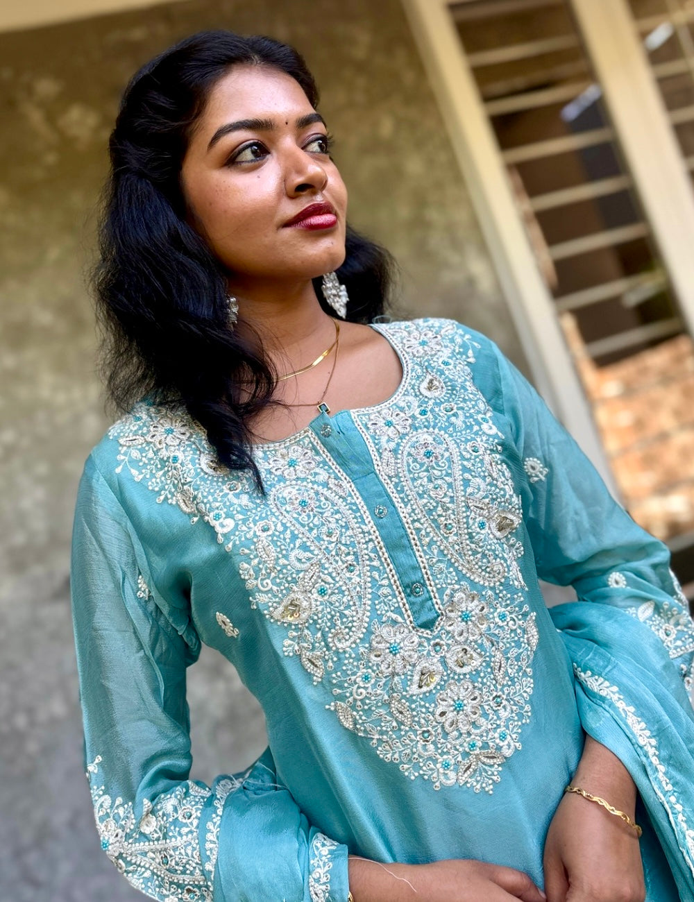 Chinon Silk Heavy Work Designer Kurta Set with Palazzo Bottom - Cyan Blue