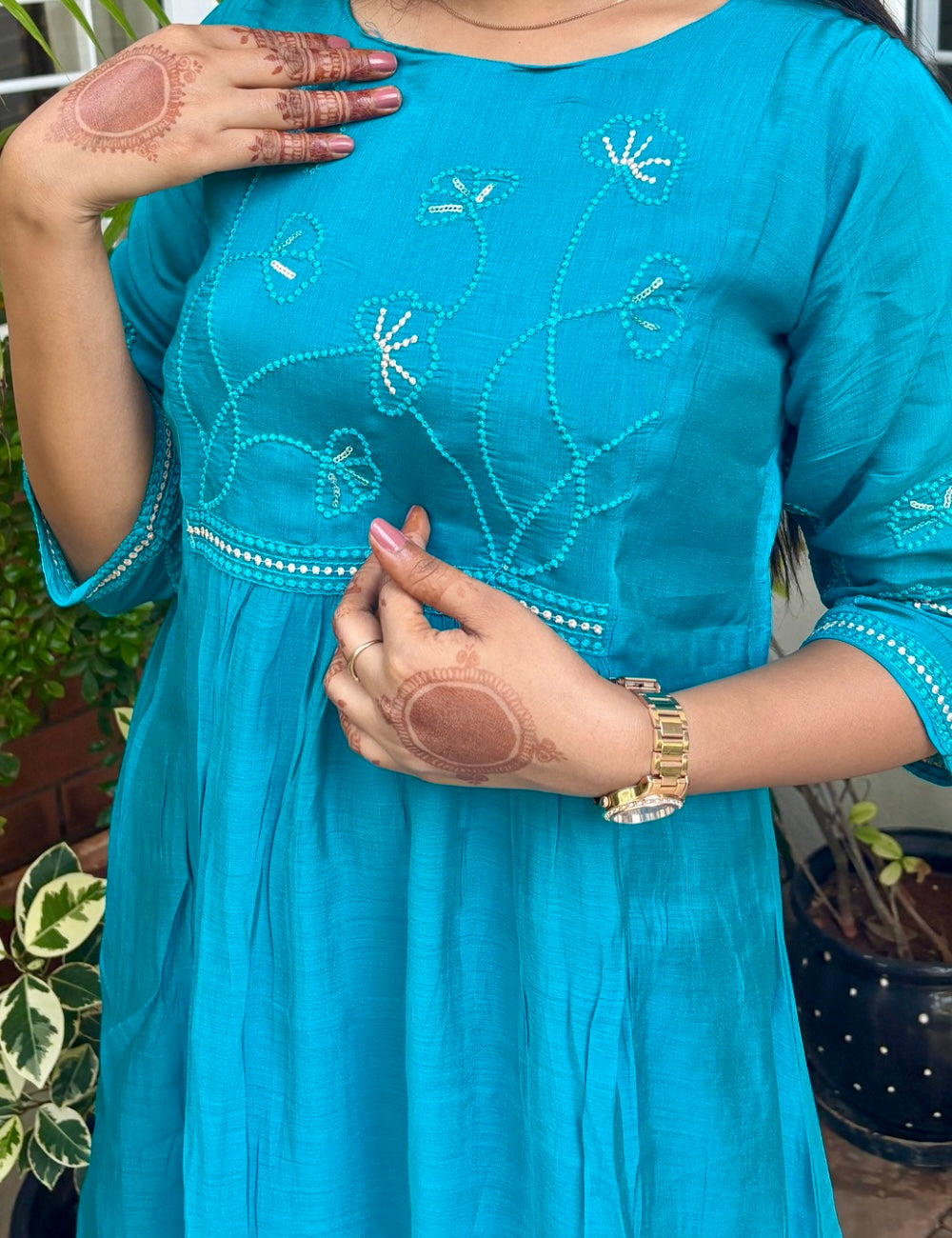 Malay Silk Floral Embroidered Midi Dress - Rama Green