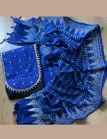Gota Worked Cotton Unstitched Salwar with Ikat Patch Work - Black